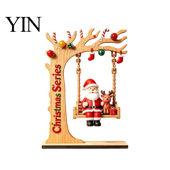 Rustic Christmas Home Accents Wooden Swing Ornament with Santa Claus/Bear for Christmas, Tabletop Artisanal Wood Decor Claus Figurine Living