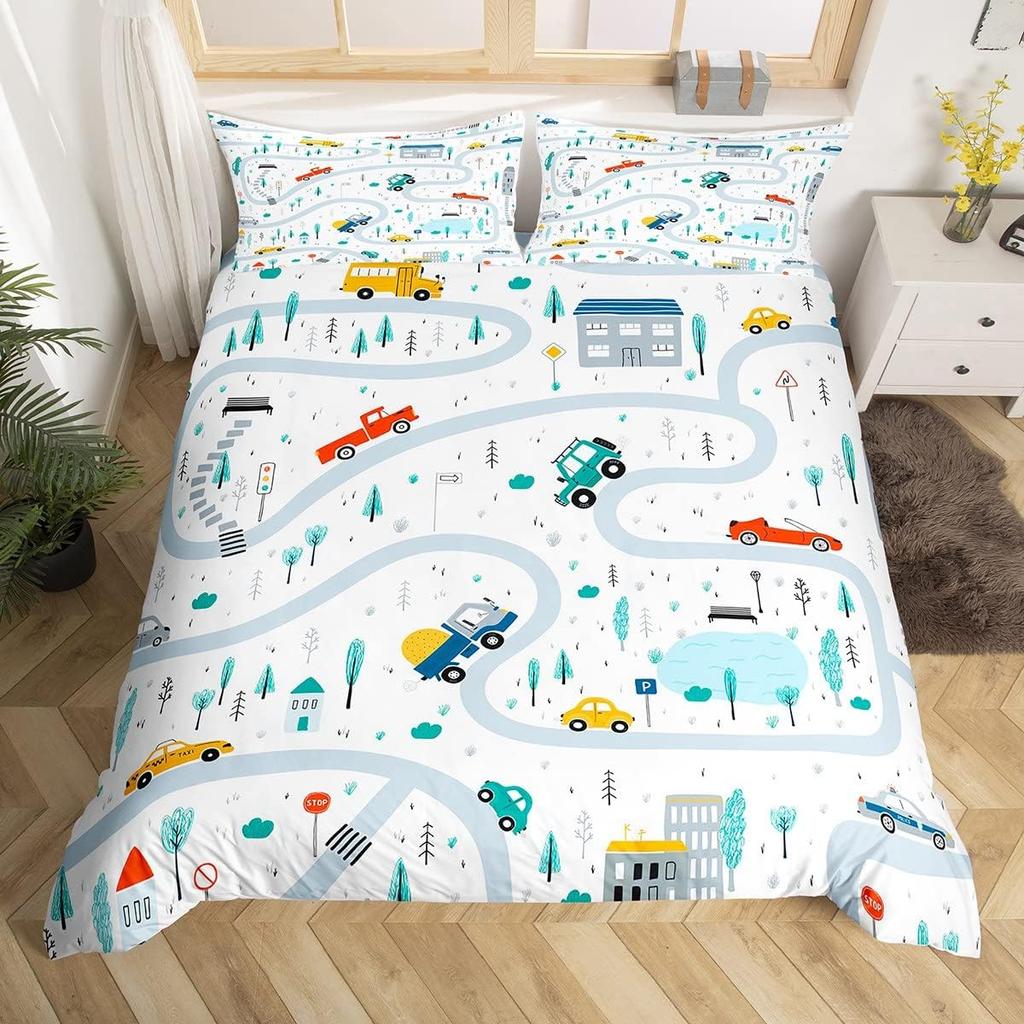 Cartoon Cars Duvet Cover Single Queen City Roads Bedding Set Hand Drawn Truck Bicycle Comforter Cover for Boys Teen Room Decor