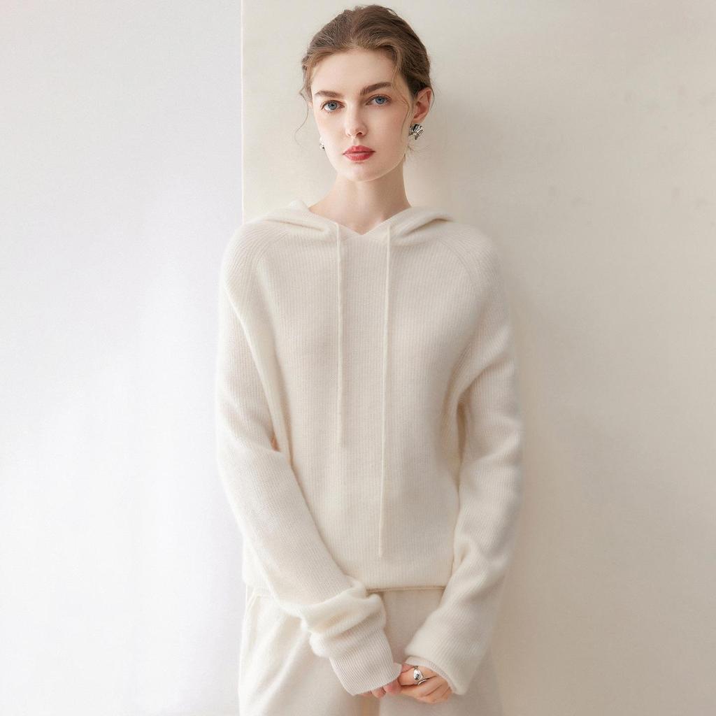 Women's Loose Knit Cashmere-Style Hooded Pullover Sweater, Solid Color, Base Layer for Autumn.