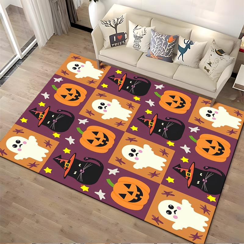 Cute Halloween Ghost and Cat Pattern Rug Non-slip Rug Suitable for Living Room and Bedroom Sofas.