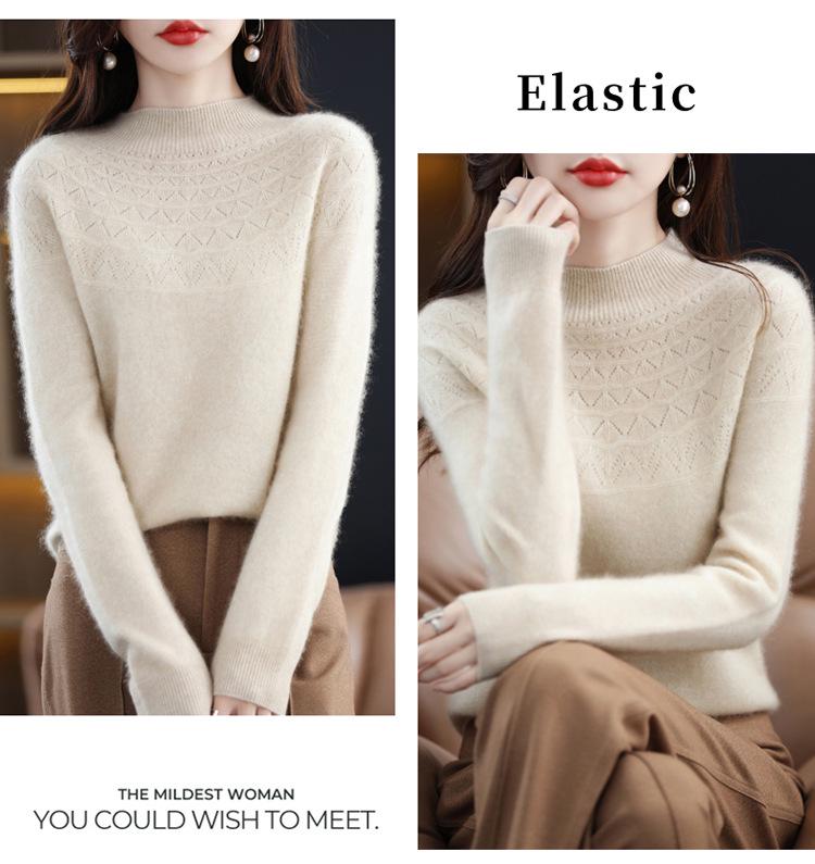 Women's Slimming 100% Wool Half-High Neck Sweater, Seamless Cashmere Knit Base Layer, Autumn Winter Loose Top with Hollow-Out Design