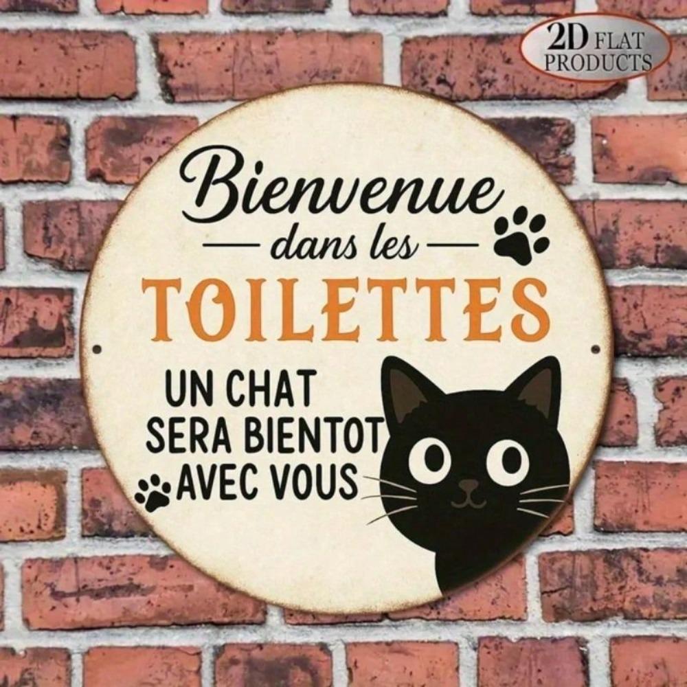Rustic Round Aluminum Cat Sign for Bathroom, Country Style Decorative Wall Plaque