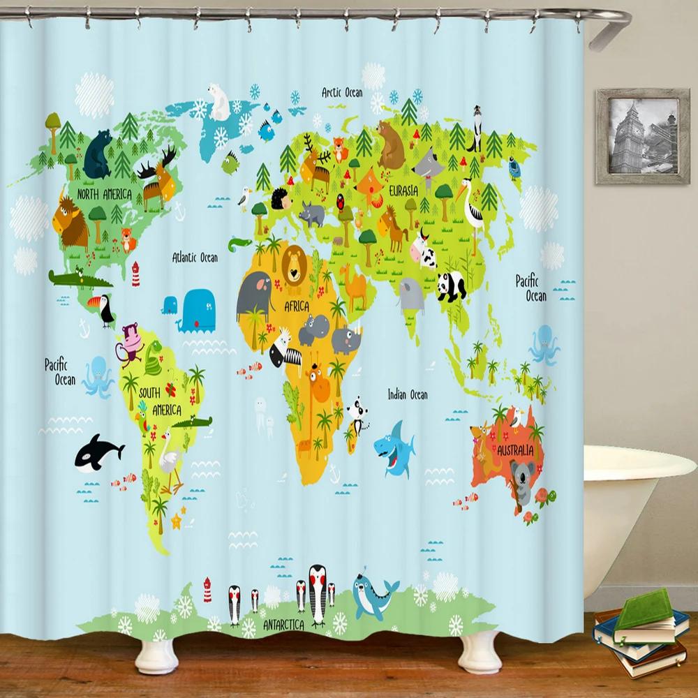 3d Cartoon Animals Map Bathroom Curtains Shower Curtains Print Waterproof With Hooks Cute Children Decor Washable Fabric Screen