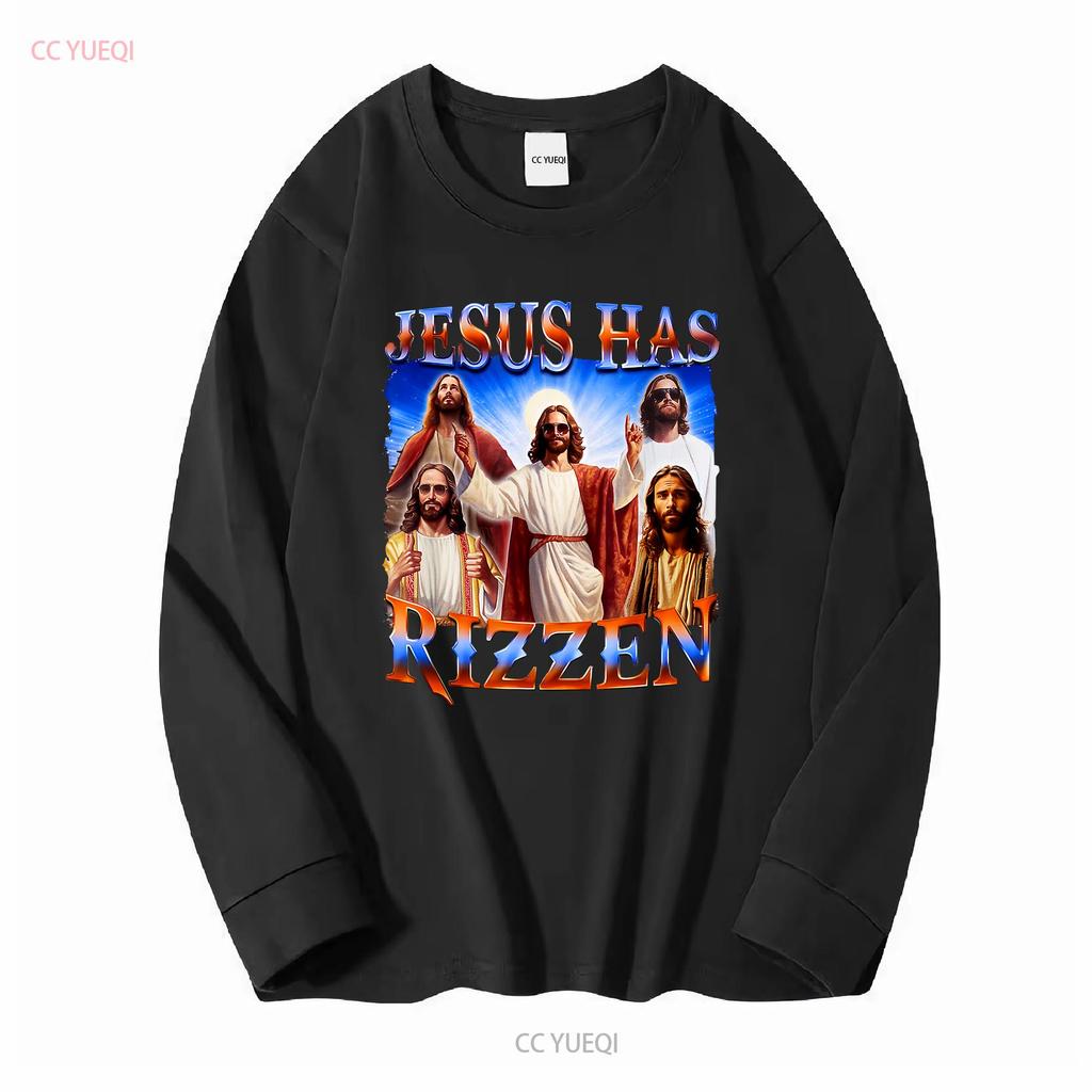 Jesus Has Rizzen He Is 2024 T Shirt Mens clothing long or short sleeves vintage Washed streetwear Slightly designer clothes