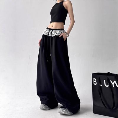 Womens Wide Leg Pants Solid Color Loose Lace Drawstring Casual Korean Style Trousers