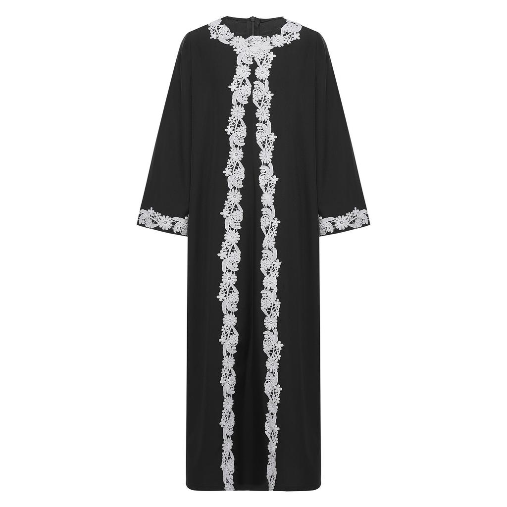 Girls Embroidered Lace Muslim Robe Abaya Round Neck Long Sleeve Back Invisible Zipper Loose Dress