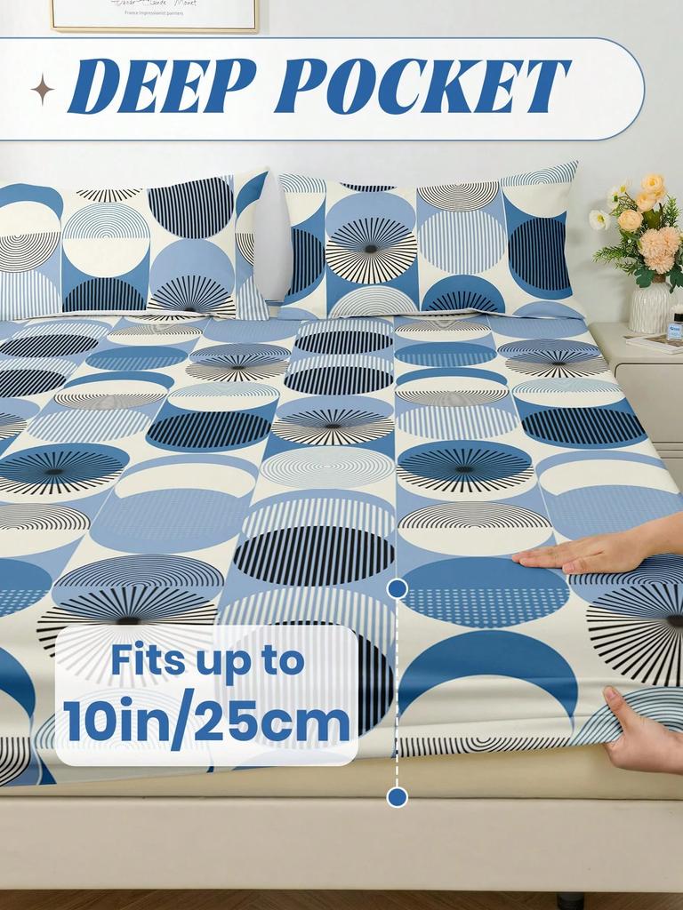 Gradient Blue Fitted Sheet Stylish Circle Plaid Pattern Printed Geometric Style Flat Sheet With 2 Pillowcases Modern Room Decor