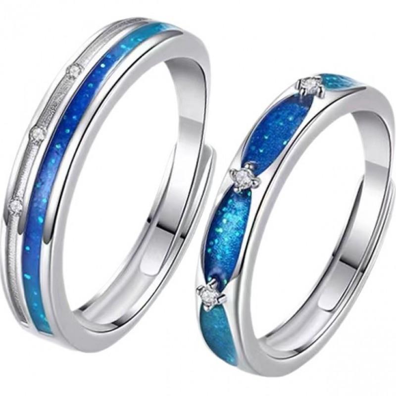 Starry Sky Couple Rings Set Sterling Adjustable Geometric Design Romantic Gift Her Him