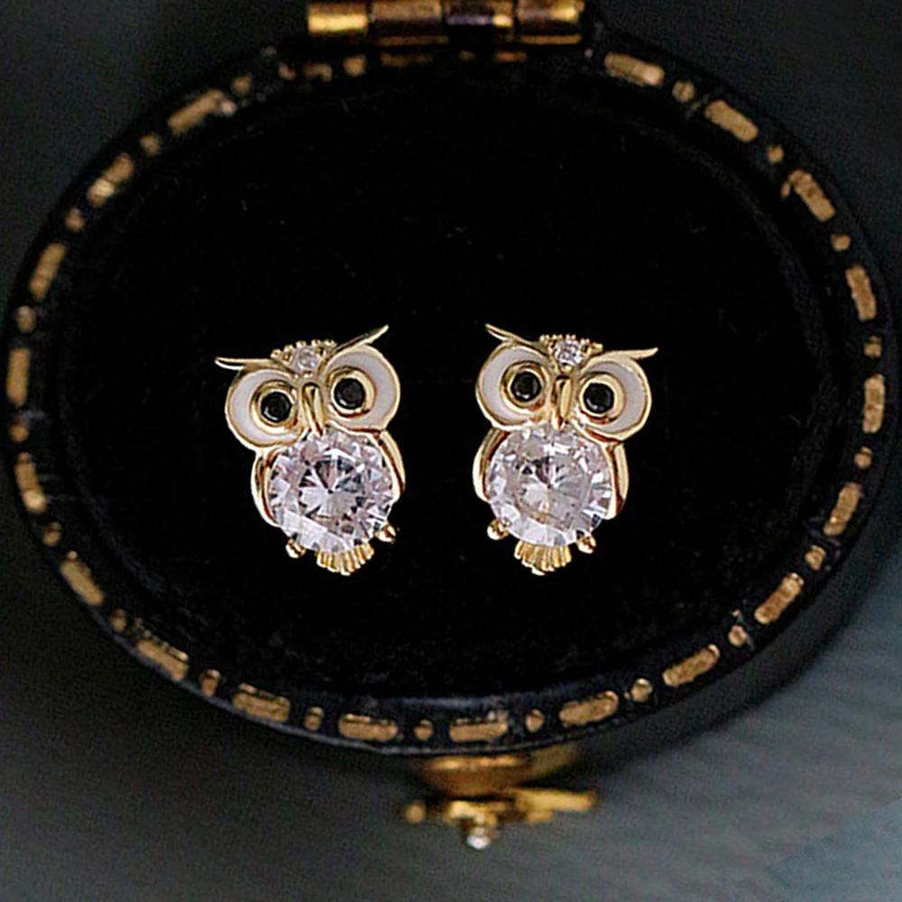 Huitan Gold Color Owl Stud Earrings Funny Cute Night Owl Earrings Women for Dance Party Cute Girl Gift Luxury CZ Ear Jewelry