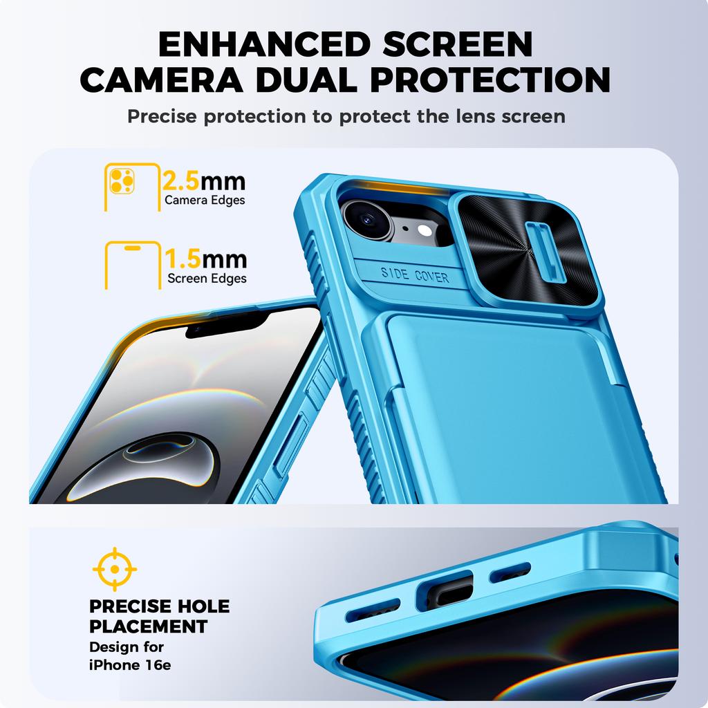 RFID Blocking Wallet Case with Card Holder Sliding Camera Cover PC+TPU Protective Case for IPhone 16e/iPhone 17e-Light Blue