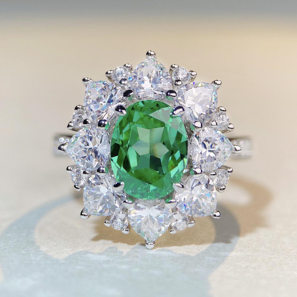 S925 Sterling Silver Women's Aquamarine & Zircon Ring with High Carbon Diamonds In Luxury Setting, European & American Cross-Border Style.