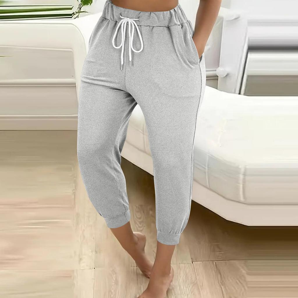 Women's Solid Color Loose Slimming Running Fitness Pants High Waist Lace-up Small Foot Pocket Nine-inch Pant