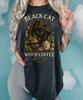 Black Cat Witch Coffee Shirt, Witchy Cat Tee, Halloween Witch Shirt