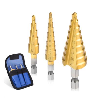3-teiliges HSS-Stufenbohrer-Set mit gerader Nut, 3–12 mm/4–12 mm/4–20 mm, titanbeschichtet, für Holz und Metall, Lochschneider, Kernkegel-Bohrwerkzeug-Set