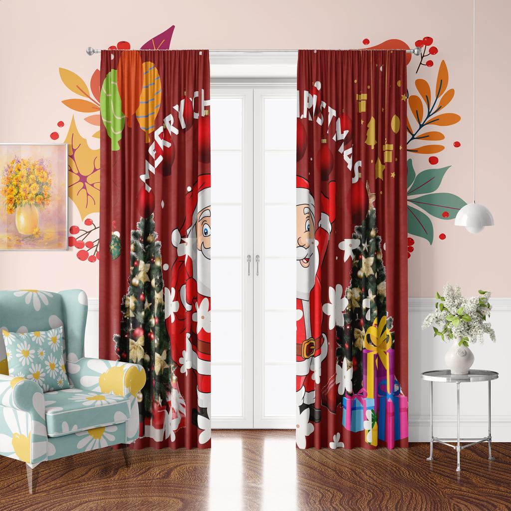 2 pcs - Winter decoration - Santa Print curtain - Polyester - suitable for bedroom, living room, study