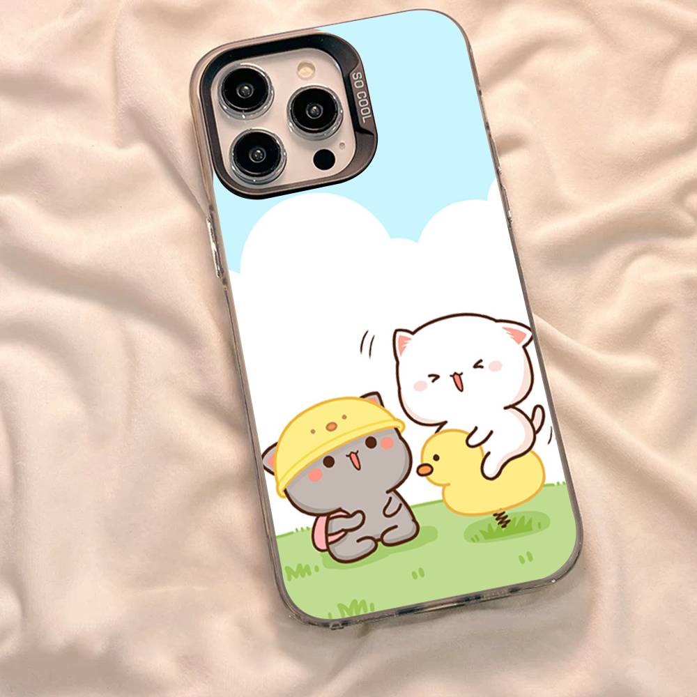 Cartoon Cute Cats Phone Case For iPhone 17 16 15 14 11 12 13 Pro Max Plus Pro Colored Silver Cover