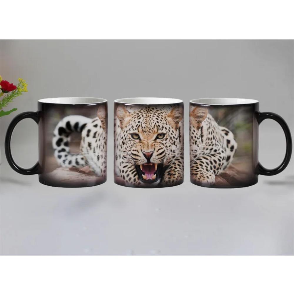 Zvířecí hrnek citlivý na teplo, Keramický magický měnící barvu čajový šálek, Vánoční dárek, Leopard, 11oz