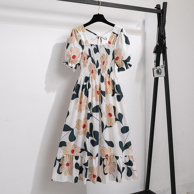 Spring Summer Chiffon Dresses Fashion Female Elastic Waist Short Sleeve Pleated Casual Dress Women A-line Dresses