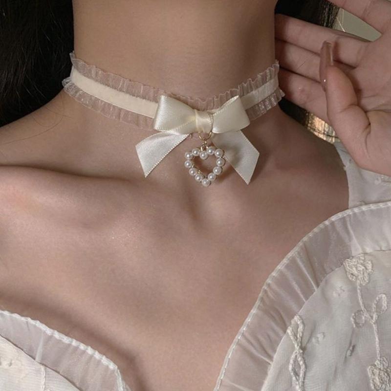 Fashion Harajuku Cloth Collarbone Chain Temperament Simple Cold Wind Big Heart Bowknot Pearls Loves Necklace Lace Chain