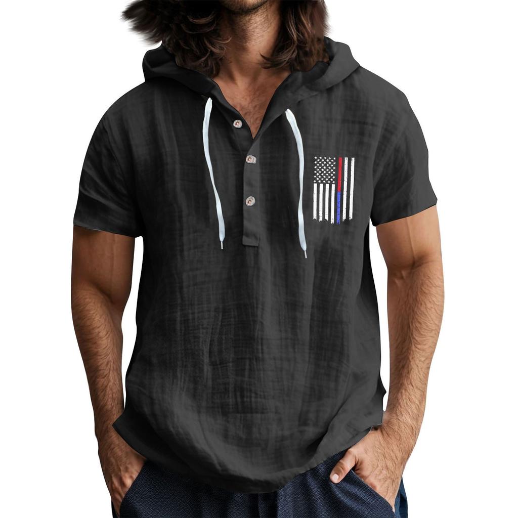 Men'S Casual Short Sleeved Hooded Top Buttoned Open Neck T-Shirt