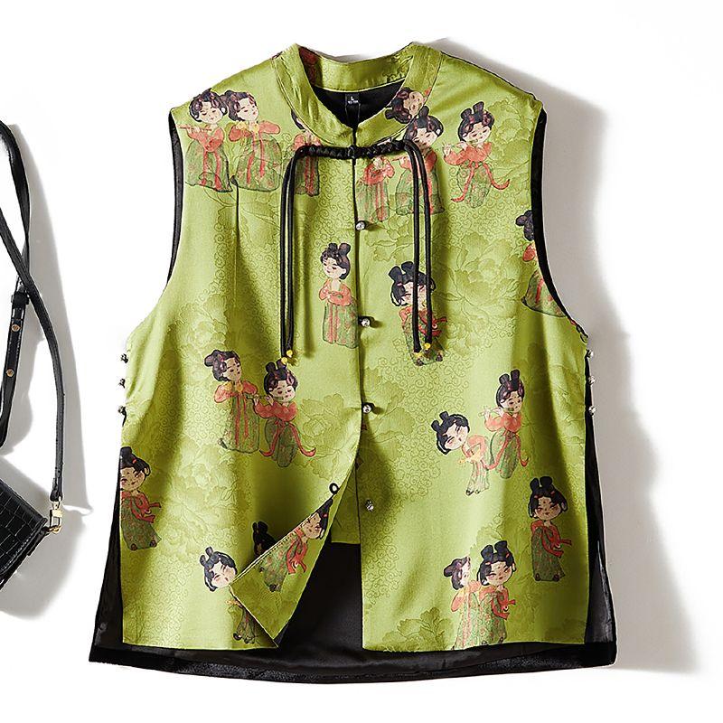 

New Chinese Style Tang Suit Chinese Frog Button Tassel Spring and Autumn Coat Women s Double-Sided Flannel + Poplin Cotton Stand Collar I-Shaped Vest Black(Double-faced color) L