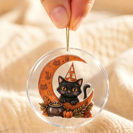 Decorative Wall Hangings Halloween Ghost Hanging Ornament, Double Side 2D Acrylic Black Cat Bat Skull Indoor Outdoor Decorations Pendant for