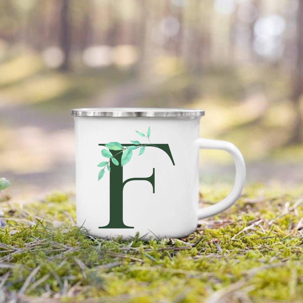 Emaille-Tasse mit Henkel, Aquarell, grünes Blatt mit Alphabet, Tasse, personalisierte Geschenke, Kaffee-Reisebecher, Bierbecher für Kaffee- und Teetassen