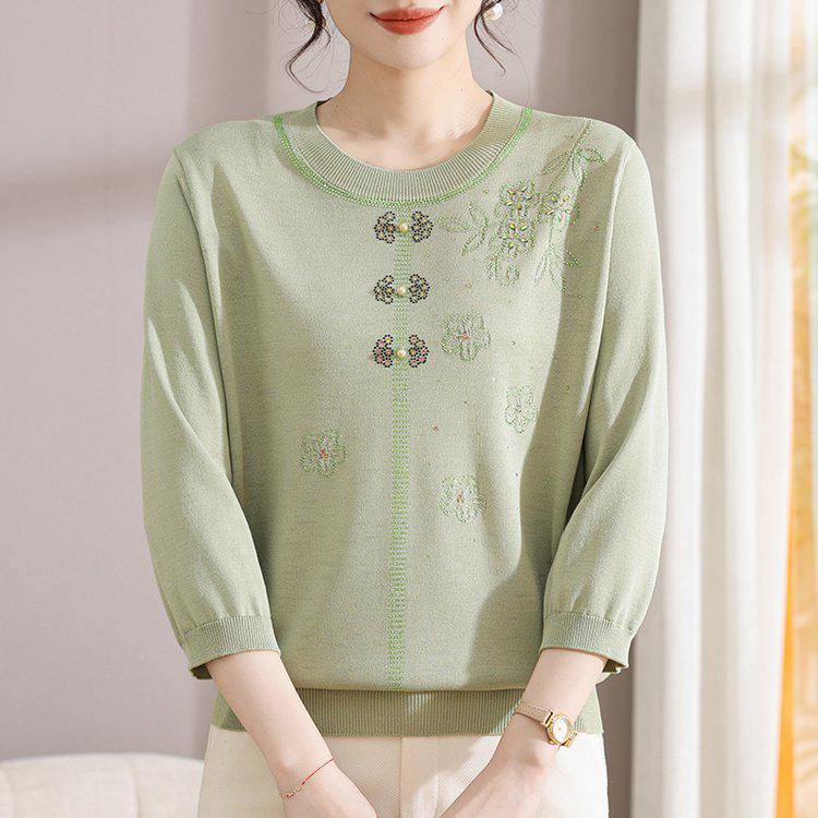 Chic Plus Size Round Neck Sweater for Middle-Aged Women - Comfortable 3/4 Sleeve Knitwear