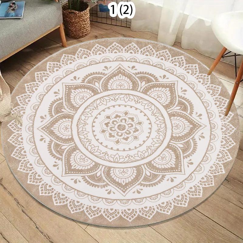 Tapis Bohème Rétro Rond Lavable Antidérapant Tapis de Salon Tapis Rond pour Salon Chambre à Coucher Pièce Yoga 120X120CM