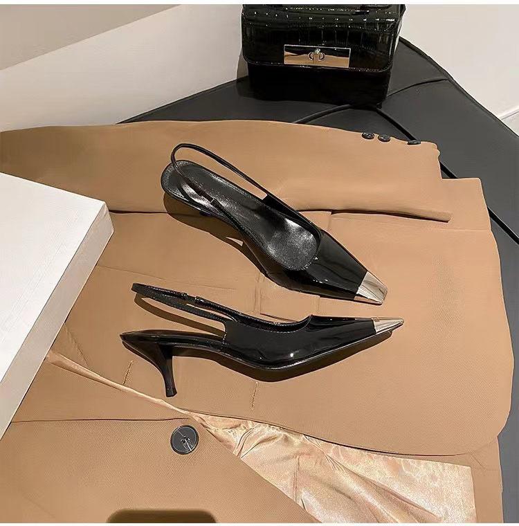 Pointed women's high heels, black patent leather bag head sandals, women's single shoes, thin heels, Park Caiying rose, the same high heels