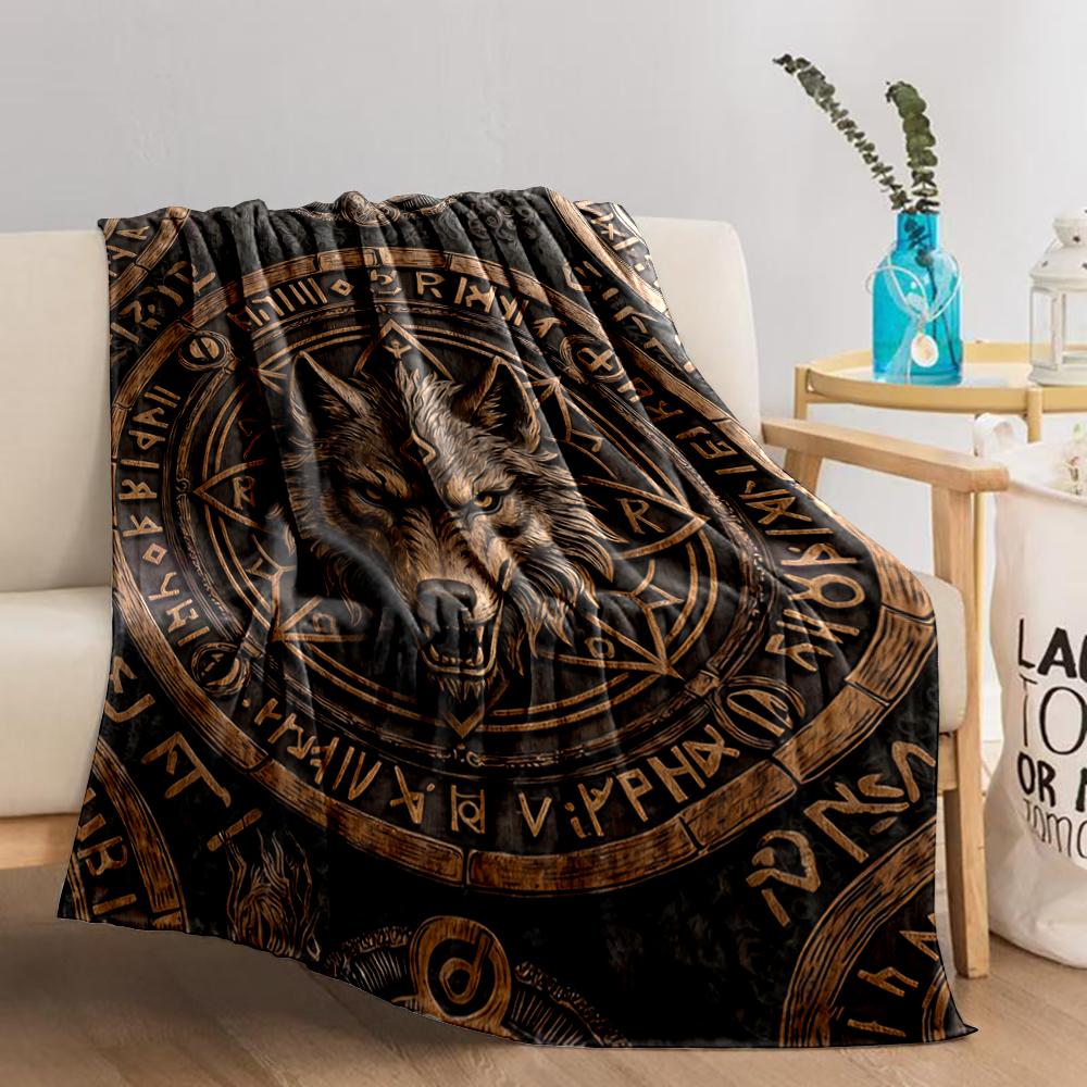 Wolf Design blanket with Rune Symbols and Mystic Pattern Style blanket, suitable for use in the bedroom, living room, on the sofa