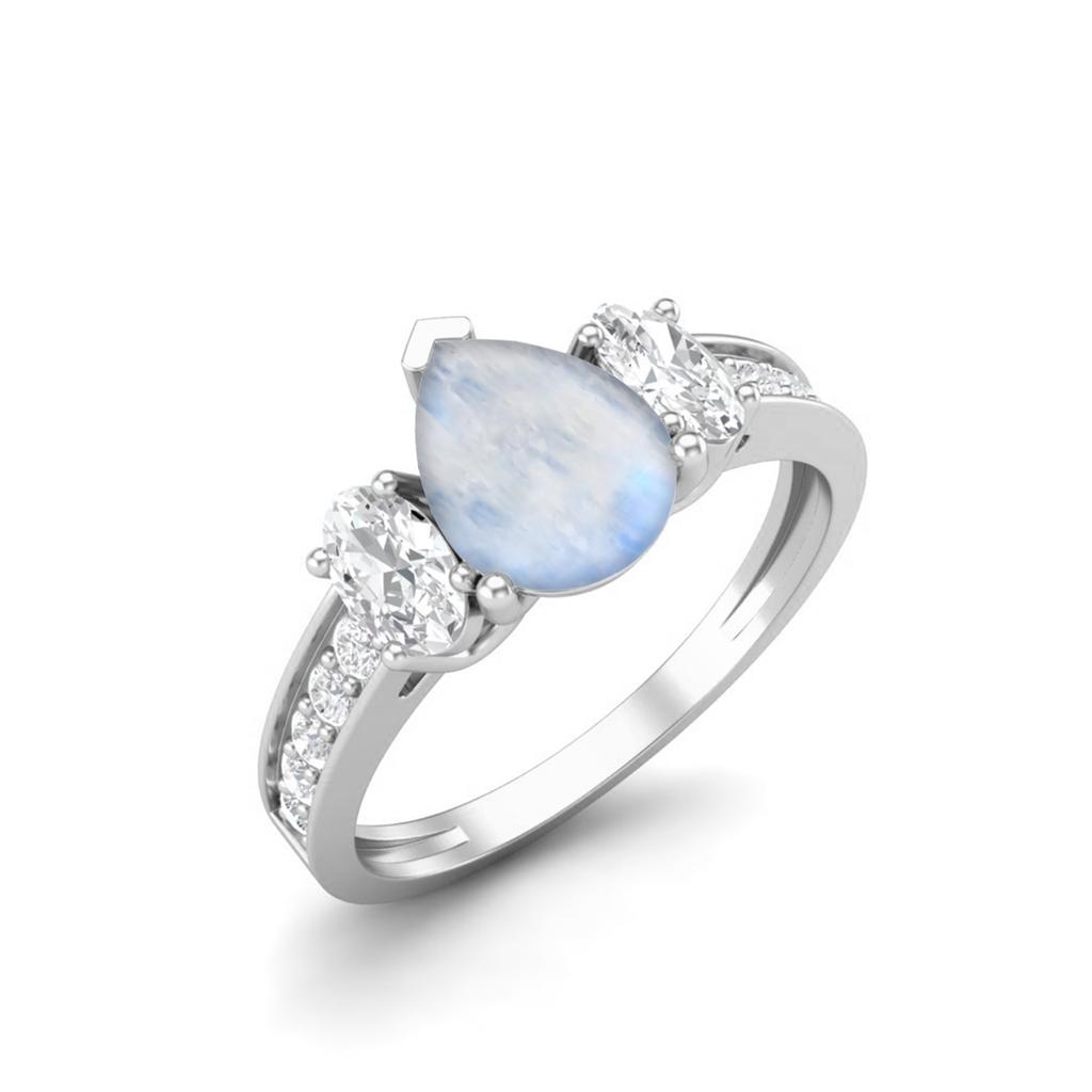 925 Sterling Silver 1.7 Cts Pear Moonstone Three Stone Accent Wedding Women Ring