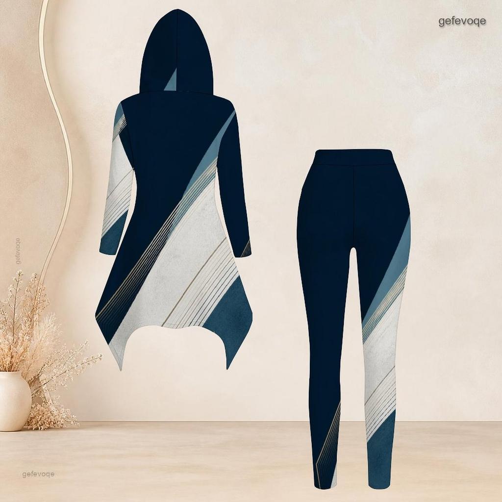 Women Plus Size Hooded Long Sleeve Radial Print High Low Top And Fitted Pants Two Piece Set