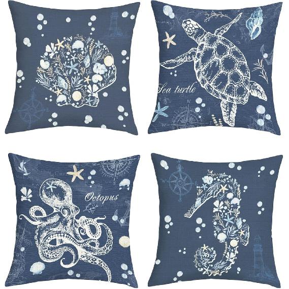 Summer Blue Nautical Throw Pillow Covers 18x18 Inch Set of 4 Ocean Lighthouse Starfish Seashell Cushion Covers Home Decor for Couch Cushion Cases