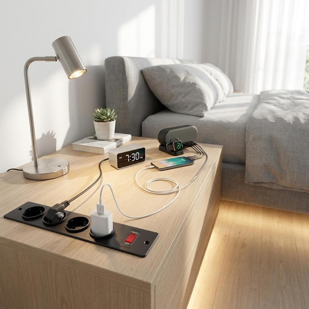 Recessed Power Strip 4 AC Outlets with Overload Protection Switch, Flush Mount Built-in Desktop Power Socket with Extension Cord