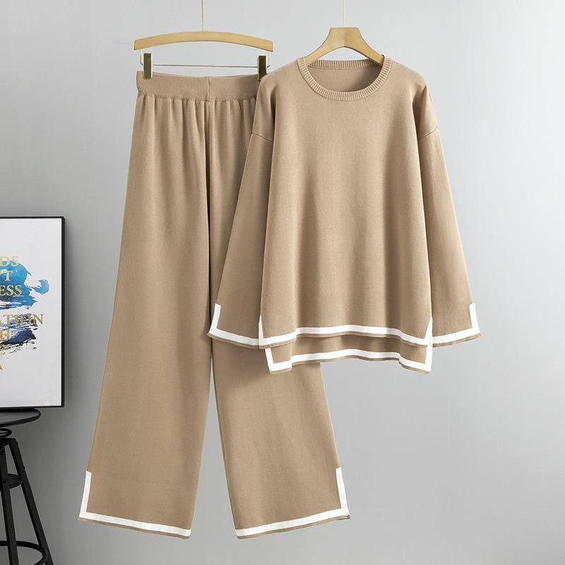 Autumn Women's Plus Size Fashion Chic Neckline Knit Top Wide Leg Pants Casual Sports Pant Suit