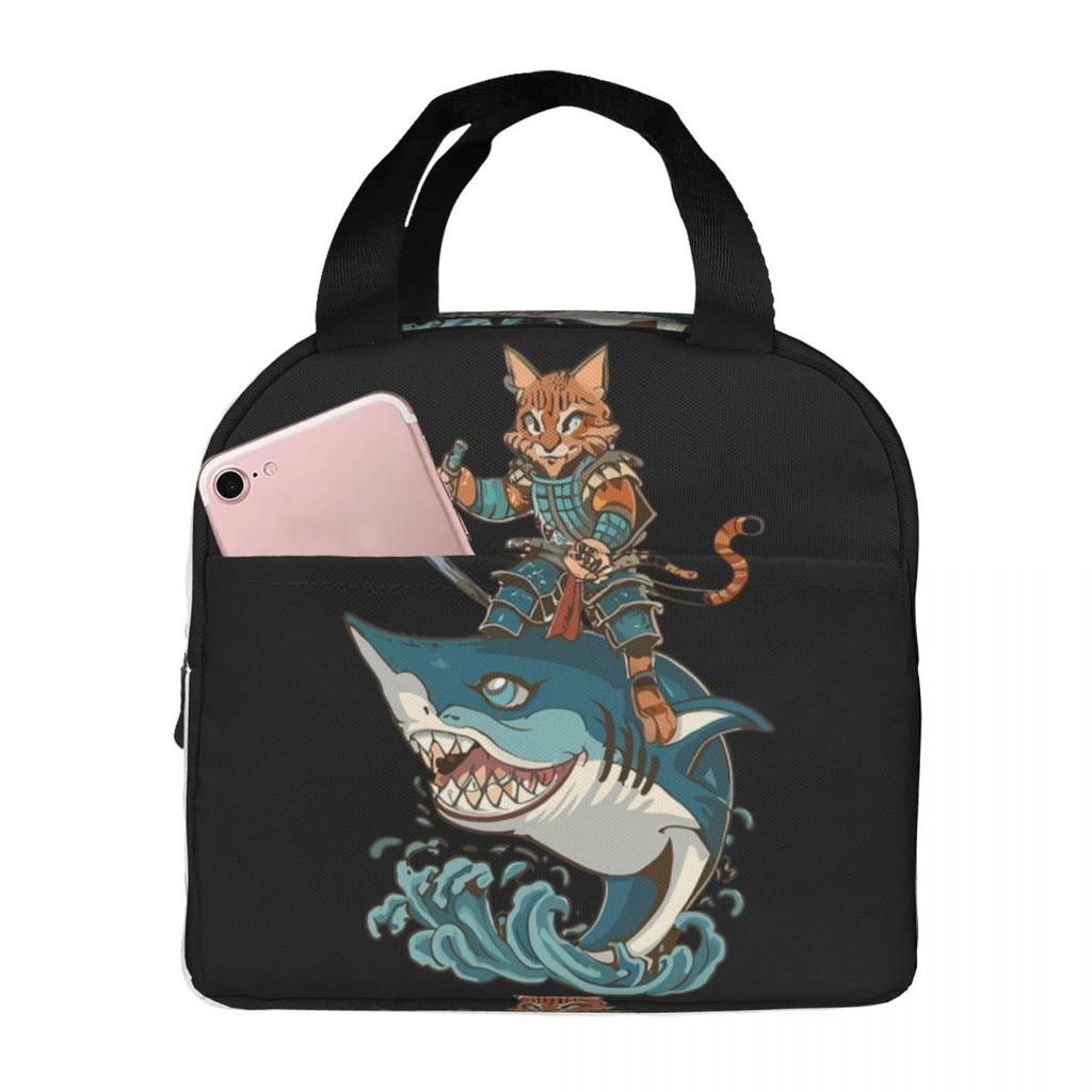 Cat Riding Catana Shark Insulated Lunch Bag for Women Kids Portable Food Boxes Thermal Lunch Box Tote