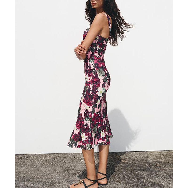 Spring and Summer New Women's Clothing Heart-Shaped Collar Wide Shoulder Strap Wavy Style Wide Swing Flower Print Dress 0085128