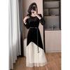 Langes Kleid aus Pailletten-Spitze und Samt im Hepburn-Stil für Herbst/Winter