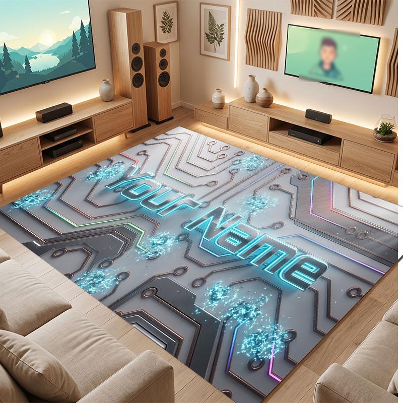 City Cyberpunk Theme Crystal Velvet Floor Rug Personalized Custom Name Text Warm Carpet Home Decoration