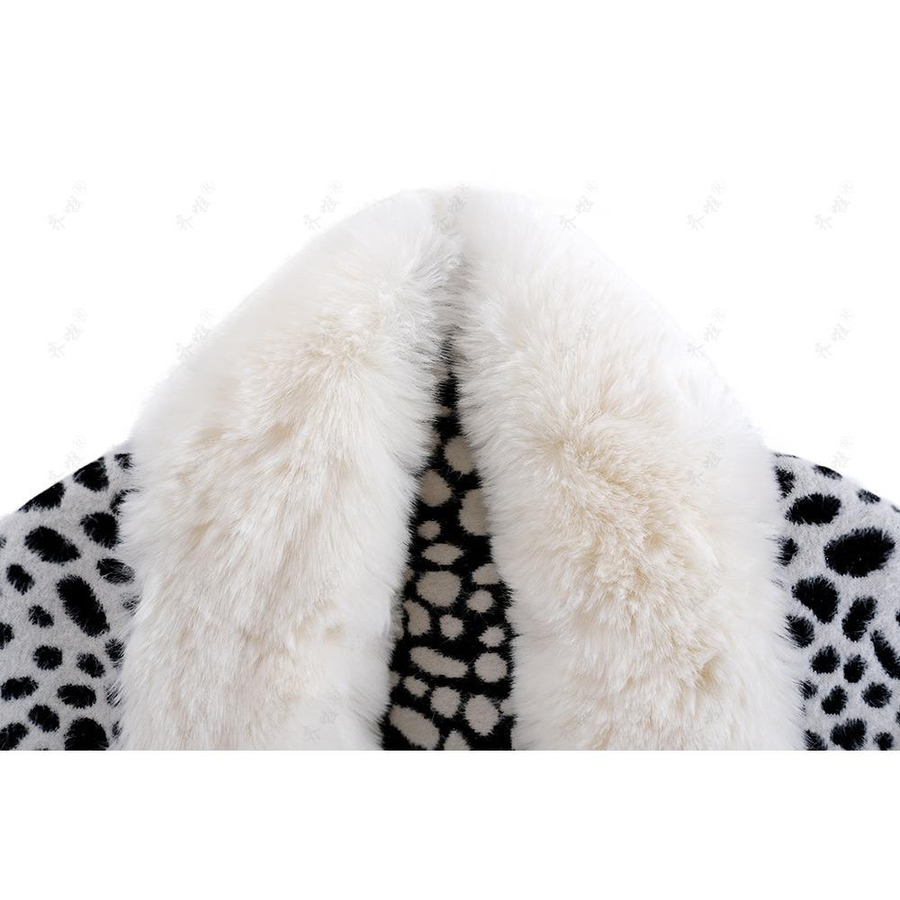 Autumn and Winter Imitation Mink Collar Pocket Sleeves Leopard Print Shawl Cape Fringed Scarf Jacket Women's Knitted Sweater