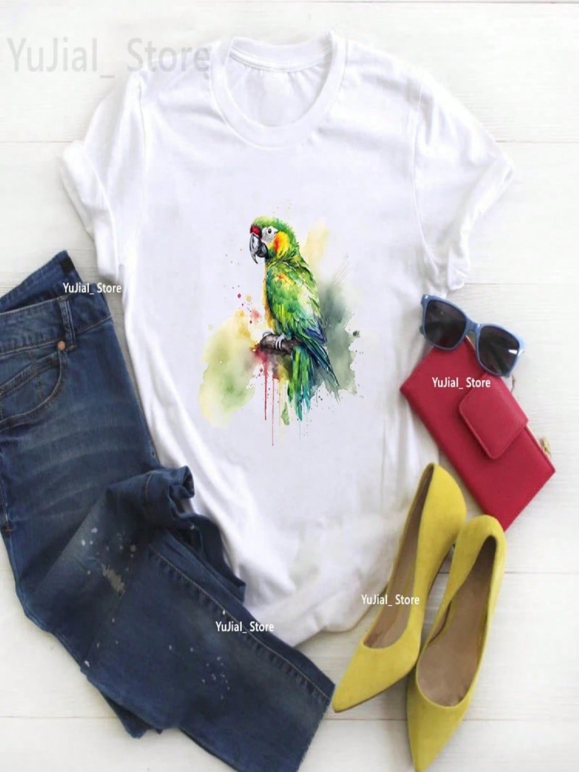 Watercolor Cockatiel Parrot Print T Shirt Girls Funny Casual Tshirt Women Harajuku Kawaii Bird T-Shirt Female S разноцветный
