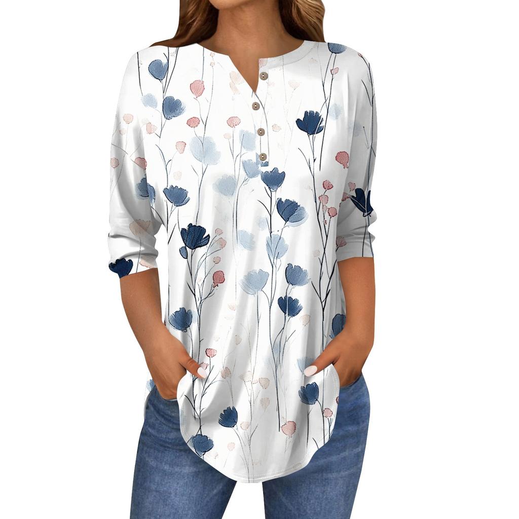 Camicia T-shirt da donna ampia con colletto a bottoni, stampa floreale vintage, maniche a tre quarti