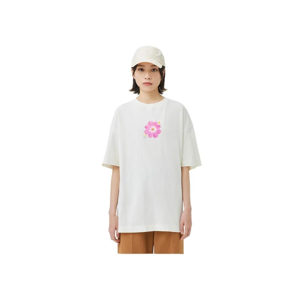 Li-Ning Gesang Flowers Print Round Neck Pullover Short Sleeve T-Shirt Unisex Tops Milk-White AHST147-1