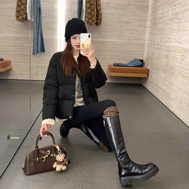 Schuhschrumpfung Pferdeleder Runde Spitze Dicke Sohle Dicker Absatz Skinny Mittel Lang Ritterstiefel Damen