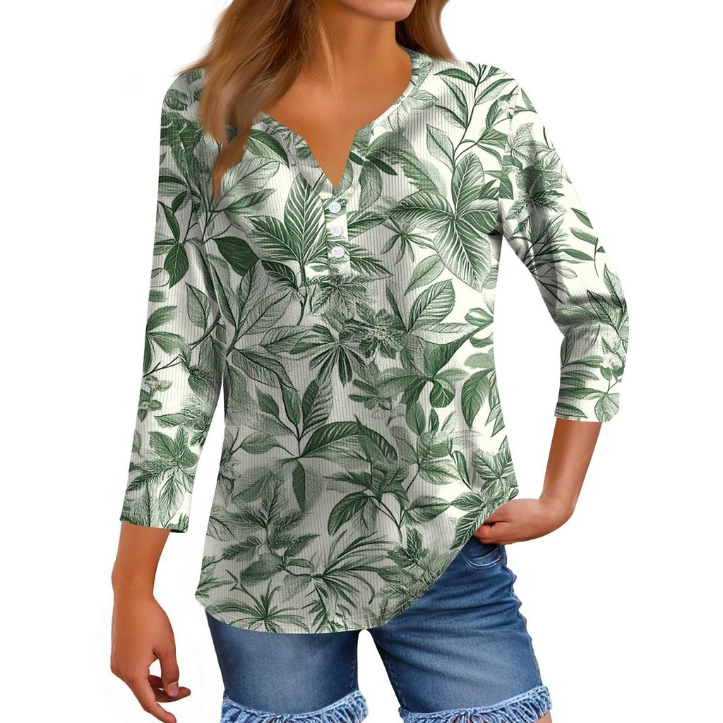 Dámské tričko tričko potisk knoflík 3/4 rukáv tunika denní víkendová móda základní výstřih do V běžný top
