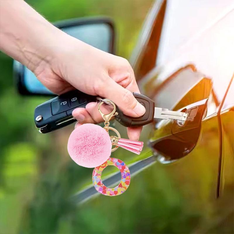 1PC Keyring Colourful A-Z Gift Tassel Key Accessory Alloy Fluffy Keychain Initial Pendant For  Bags Backpacks Glitter
