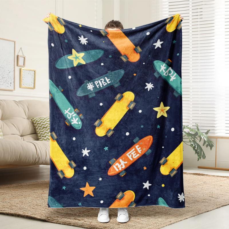 Colorful Skateboard Star Cartoon Print Throw Blanket,warm,couch,game room,workspace,ideal for casual leisure,birthday gifts