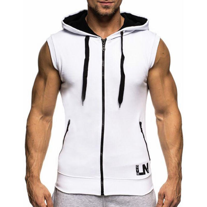 

Hoodie Mens Sleeveless Sweatshirt Sportswear Jogger Zipper Hooded Jersey White,2XL