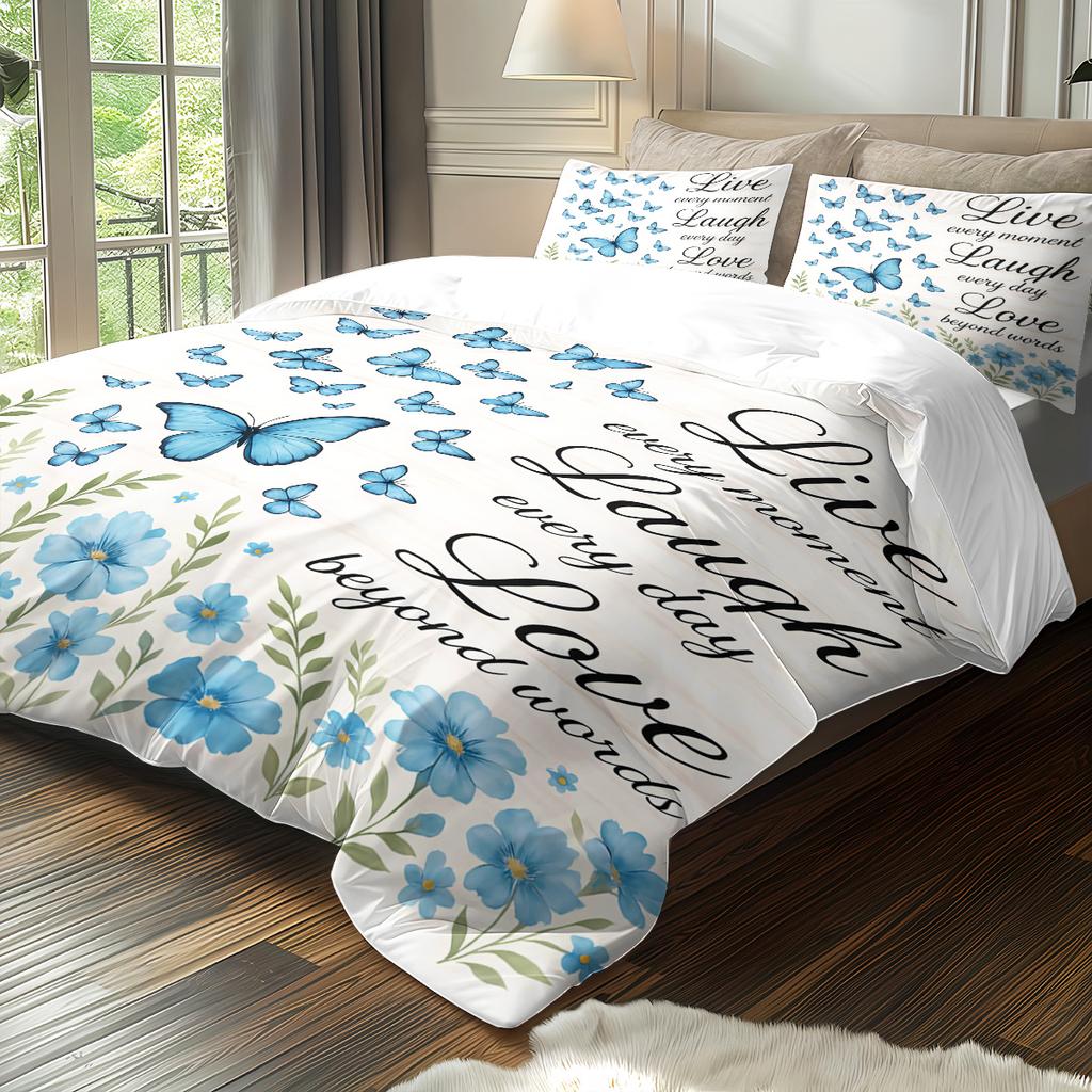 3pcs Blue Butterfly Printed Down Duvet Covers 1 Down Duvet Cover+2 Pillowcases No Core. Soft and Comfortable Bedding Set